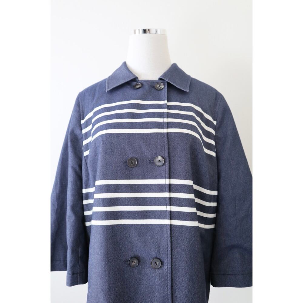 St John Size M Double Breasted Short Swing Jacket Stripe Blue 3/4 Sleeve - Picture 2 of 14